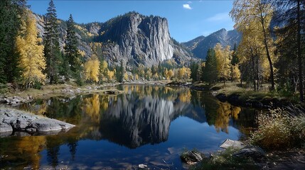Obraz premium Elegant cliff reflecting in lake during autumn season 