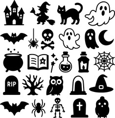 Obraz premium Collection of classic black and white halloween icons including a haunted castle witch black cat ghosts bats spiders skull cauldron spellbook potion bottles spiderweb tombstones bare tree owl and skel