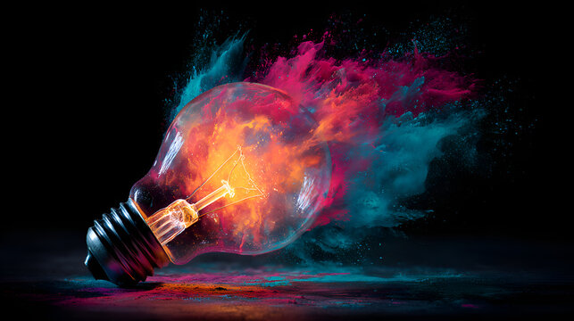 Light bulb exploding with colorful powder and creativity