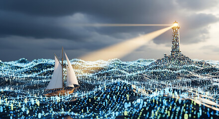 A sailboat navigates turbulent waters towards a beacon of light from a tall lighthouse.