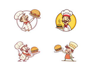 Four cartoon chefs in uniform proudly presenting delicious hamburgers on plates perfect for food branding and advertising