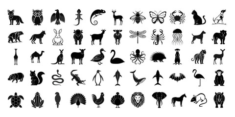 Fototapeta premium Collection of diverse animal silhouettes including mammals birds reptiles amphibians insects marine life and domestic animals displayed against a black background