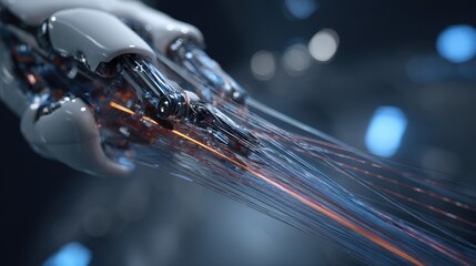 Advanced robotic arm skillfully manipulating pet microfilaments, infusing them with innovative sonic waves to enhance their fireresistant properties in a cutting edge materials science laboratory