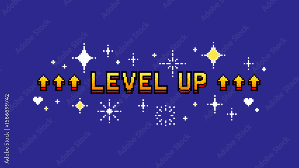 Fototapete pixel art game level up sign with golden text and red arrows. retro video gaming concept for success