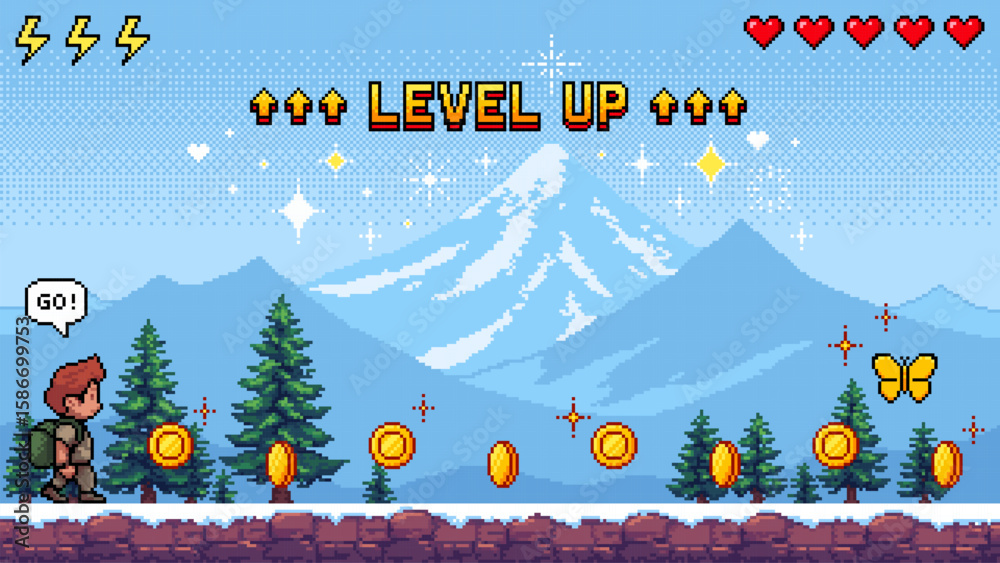 Poster pixel art game level vector with adventurer character and coins for retro gaming and app development