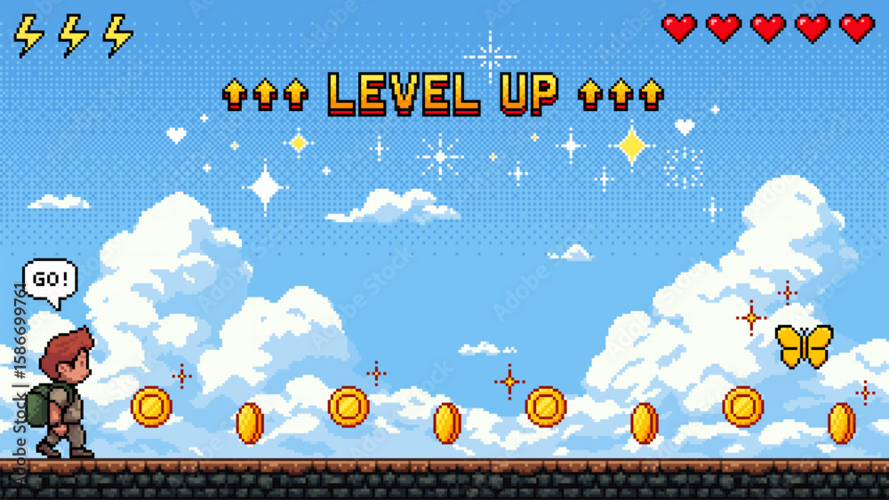 Poster pixel art game level with a man and coins. retro video game screen with level up message and bright 
