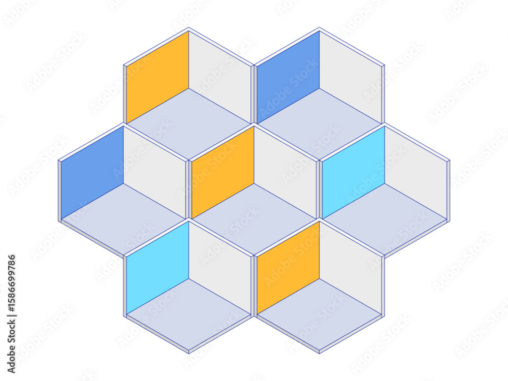 Aufkleber isometric view of interconnected hexagonal rooms in a network. abstract architectural blueprint or m