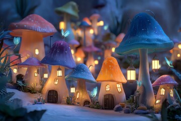 enchanted forest village in twilight, mushroom-shaped cottages, glowing lanterns, tiny fairies flying around, fantasy woodland setting, magical soft lighting