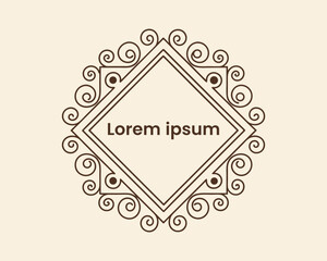 Elegant brown ornamental diamond shaped frame with swirling decorative elements and placeholder text lorem ipsum on a light beige background