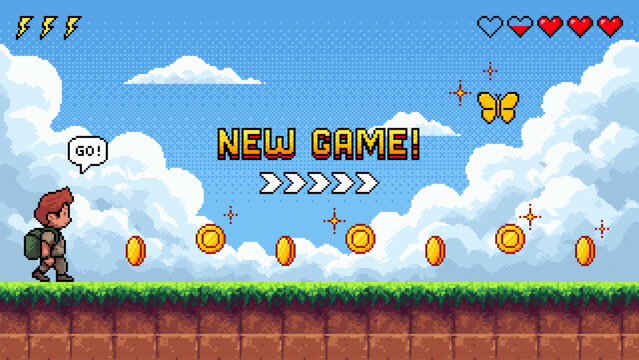 Retro pixel art game level with a man and coins, a butterfly, clouds and grass, showing a new game start screen.