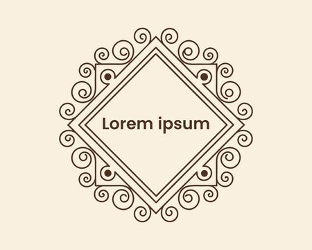 Elegant brown ornamental diamond shaped frame with swirling decorative elements and placeholder text lorem ipsum on a light beige background - Powered by Adobe
