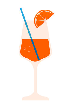 Modern illustration of an orange cocktail in a wine glass with a blue straw and orange slice garnish. Isolated high-resolution PNG, ideal for drink menus, social media, articles or summer designs