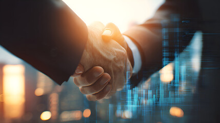 Businessmen shaking hands with stock market data overlay