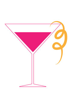 Elegant illustration of a pink cocktail in a martini glass with an orange citrus twist garnish on a white isolated background. Perfect for drink menus, summer party invites, bar, restaurant menu. PNG