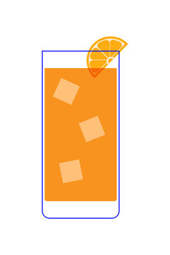 Orange juice glass with citrus slice and ice cubes, fresh fruit drink illustration, healthy beverage icon, vitamin C concept, minimalist design, vector style graphic for breakfast, wellness, summer