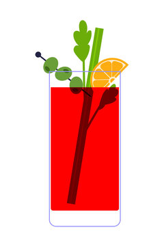 Bloody Mary cocktail vector with celery stalk, olives, orange garnish and cinnamon stick on isolated background. Modern flat design brunch drink icon for bar, restaurant designs. High-res PNG 