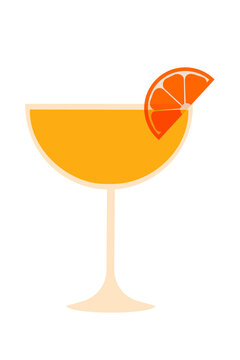Orange cocktail glass with citrus slice garnish, tropical drink illustration, summer beverage icon, minimalist bar design, yellow orange colors, vector style graphic for restaurant, party, vacation