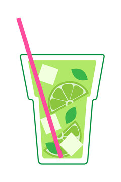 Fun mojito cocktail vector illustration with lime slices, mint leaves, ice cubes and pink straw on isolated background. Modern flat design summer drink for bar, restaurant, summer, party designs. PNG