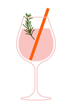 Minimalist wine glass cocktail vector with rosemary herb garnish and orange straw on isolated background. Modern flat design drink illustration for bar, restaurant, cocktail menu designs