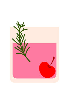 Fun cocktail, drink, mocktail illustration with garnish and cherry, rosemary sprig and red fruit. Modern flat design botanical element for cooking, recipe, organic food designs, article, social media