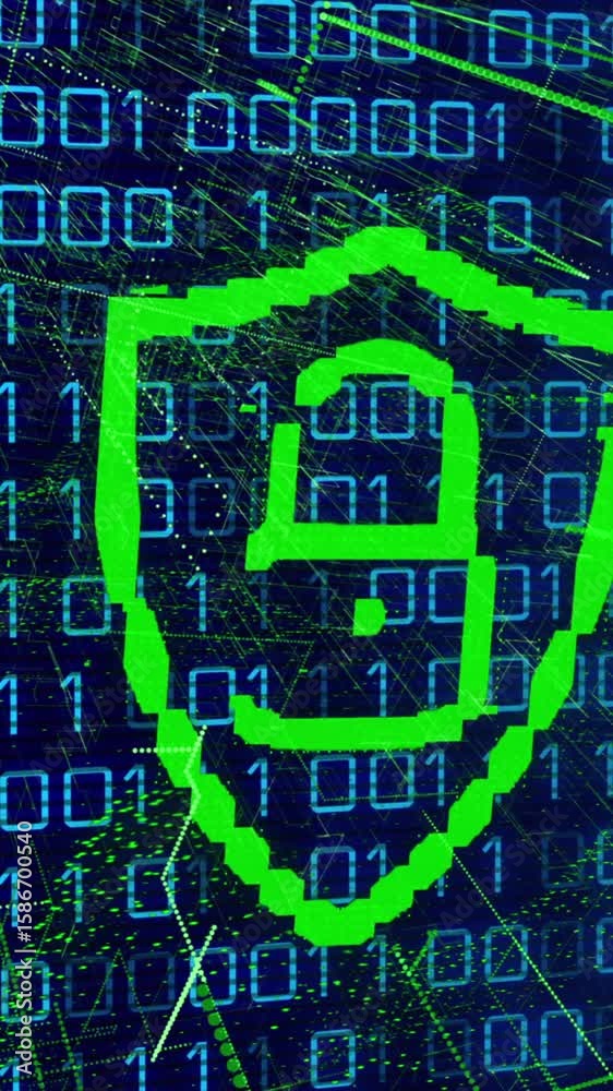Poster Animation of green lock icon, abstract pattern on digital interface with binary codes