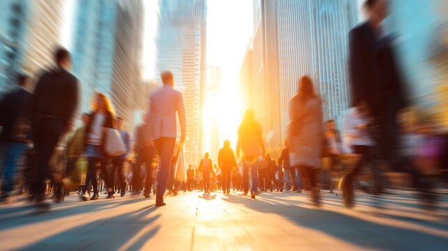 Blurred City Crowd Walking at Sunset, Urban Rush Hour