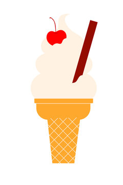 Vanilla ice cream in a waffle cone with a cherry and chocolate stick. Perfect for summer, dessert, and food concepts, articles and social media posts. High resolution PNG on isolated background