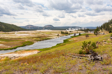 River valley with thermal activity in Yellowstone National Park, Wyoming