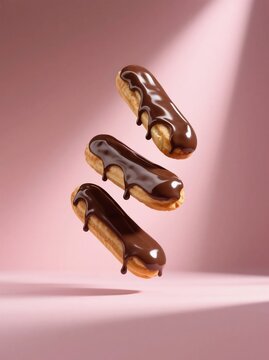 Floating trio of eclairs with dripping chocolate glaze, blush pink background, dessert levitation concept for modern patisserie branding