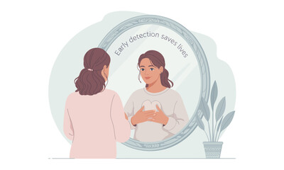 Illustration of a woman examining her breasts in a mirror with the text "Early detection saves lives".