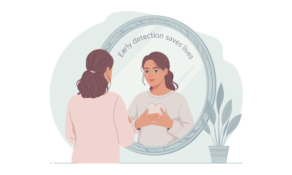 Illustration of a woman examining her breasts in a mirror with the text "Early detection saves lives".