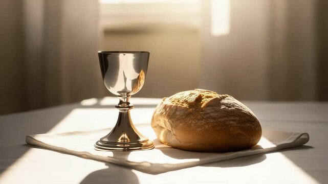 Silver chalice and bread on white fabric, illuminated by natural light