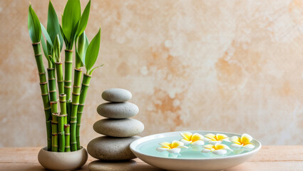 Spa still life for wellness and relaxation with stacked zen stones, green bamboo, and floating plumeria flowers in a water bowl
