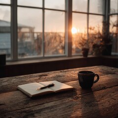 Warm sunset view through large windows, open notebook and pen on rustic wooden table with coffee cup