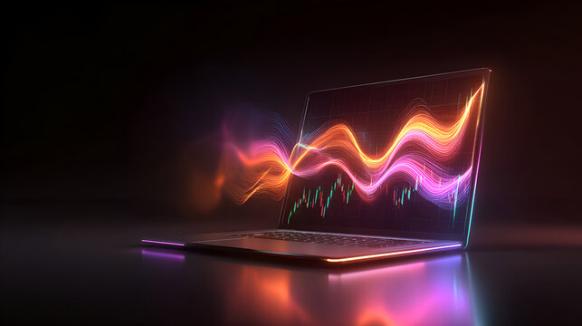 Laptop showing glowing stock market chart in dark room