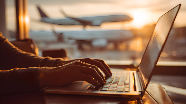 Businessman working on laptop at airport during sunset