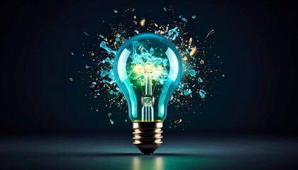 Glowing turquoise lightbulb exploding with particles