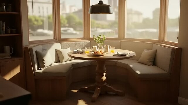 Bay window breakfast nook with round table and seating