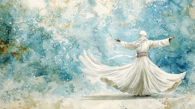 Whirling dervish performing sufi dance against watercolor background