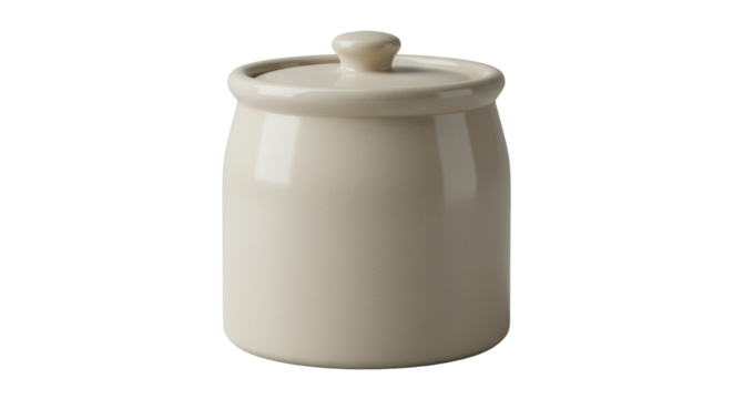 Ceramic storage container with lid in neutral color on white background  