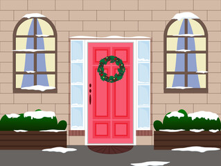House facade. Winter, Christmas and New Year holidays. Door with a Christmas wreath. Windows with curtains. Preparation and anticipation of the holiday. Snowdrifts and snow. Boxes with decorative