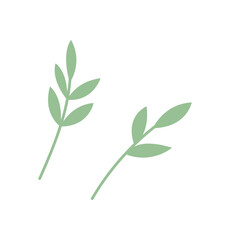 Simple flat illustration of a green leaf. This design highlights a branch adorned with leaves. Organic plant graphic ideal for nature themes, decoration, and environmental concepts.