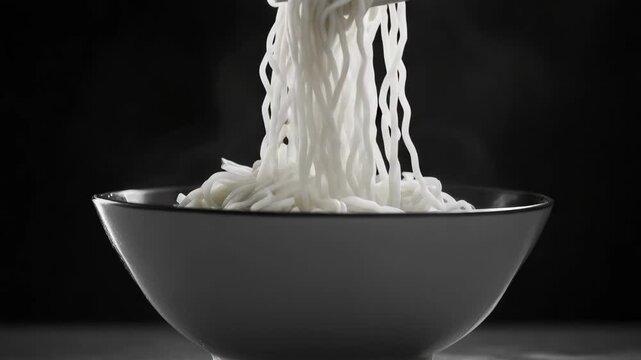 A bowl of delicious Chinese noodles served with chopsticks, the noodles are steaming hot and presented in a traditional serving dish, indicative of authentic Asian cuisine.