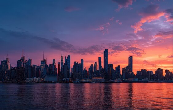City skyline at vibrant sunset over water