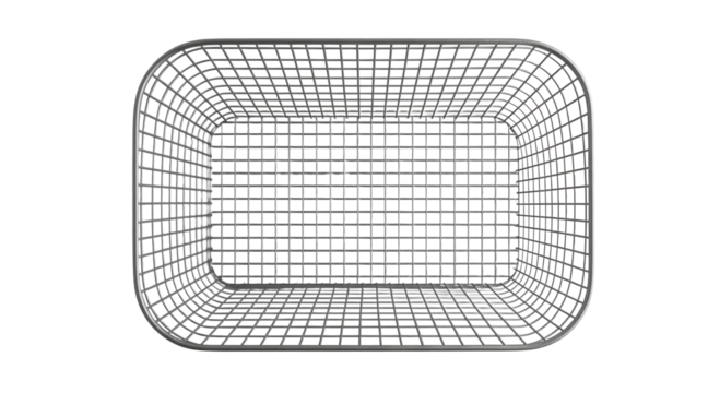 Wire basket in minimalist design with open structure on white background  