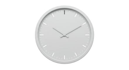 Minimalist white wall clock with simple design on transparent background  