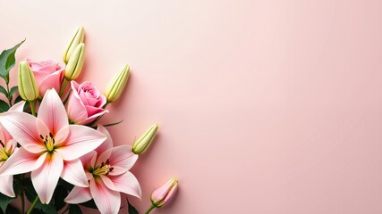 Obraz premium Delicate blooming lilies and roses flowers, pastel pink color, bouquet flower card, wedding invitation background 