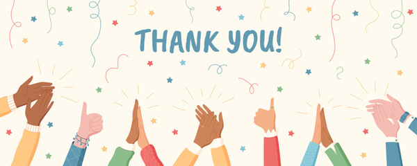 Diverse hands clapping in colorful flat style. Raised arms show appreciation and celebration. Strong sense of community and friendship, ideal for banners social concepts.