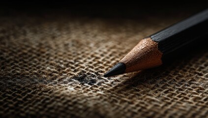 Close-up of a black pencil on burlap