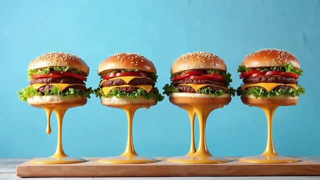Quad Cheeseburger Row with Melted Drip &ndash; Sesame Buns, Lettuce, Tomato, and Beef Patties on Blue Food Visual Backdrop
